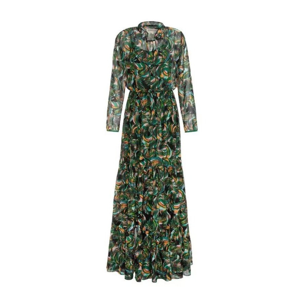 Saloni Alexia Silk Maxi Dress Palmier Green Print Boho Size 4 Sheer No Slip